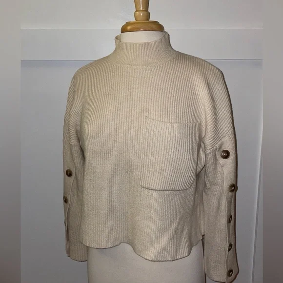MANGO // cream ivory button detail mockneck sweater rib knit pocket - Picture 5 of 15